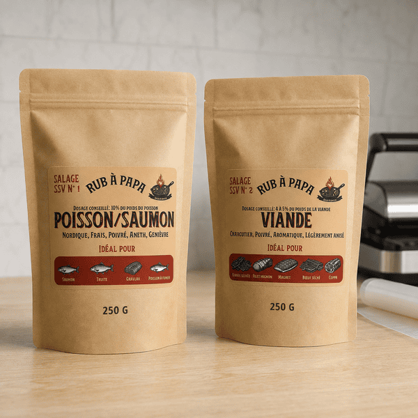 Pack SSV Viande et Poisson avec deux mélanges de salage Rub à Papa en sachets de 250 g