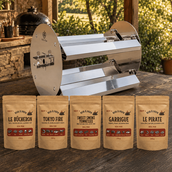 Pack Grand Feu avec la rôtissoire Grill à Papa et les cinq rubs en sachets de 250 g