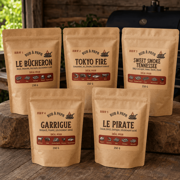 Pack La Tribu composé des cinq rubs Rub à Papa en sachets de 250 g