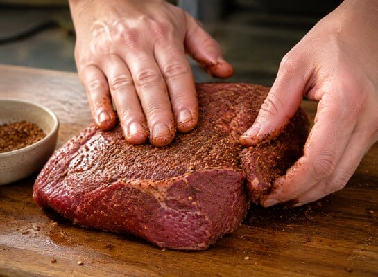 Application d’un rub sur une pièce de viande Mains appliquant un mélange d’épices sur une pièce de viande par massage