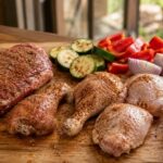 Viande rouge, morceaux de poulet et légumes assaisonnés avec un rub sur une grande planche en bois