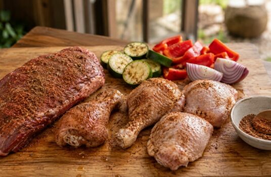 Viande rouge, morceaux de poulet et légumes assaisonnés avec un rub sur une grande planche en bois