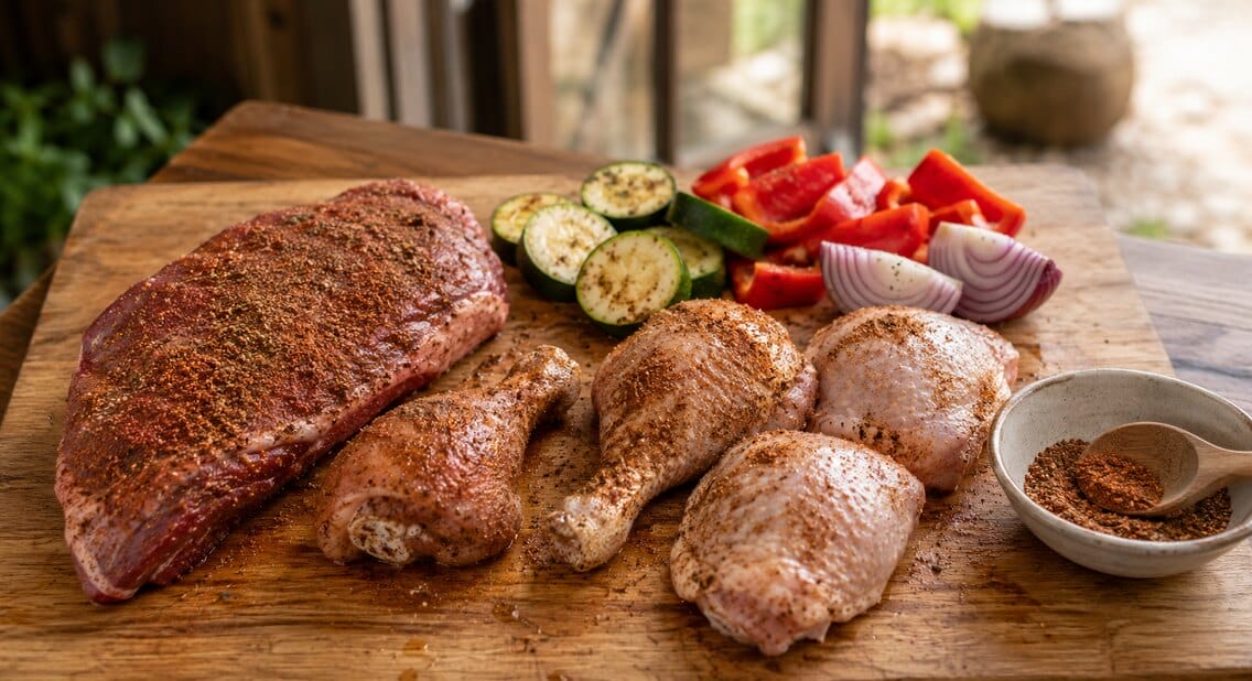 Viande rouge, morceaux de poulet et légumes assaisonnés avec un rub sur une grande planche en bois
