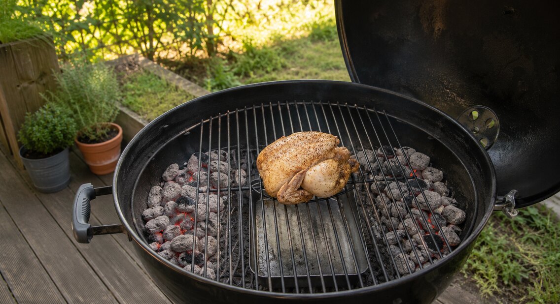 Poulet placé au centre d’un barbecue à charbon, entre deux zones de braises disposées pour une cuisson indirecte