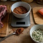 Balance avec une cuillère de rub, une côte de bœuf et un pavé de saumon préparés pour le dosage des épices et du salage