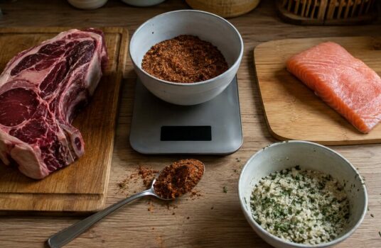 Balance avec une cuillère de rub, une côte de bœuf et un pavé de saumon préparés pour le dosage des épices et du salage