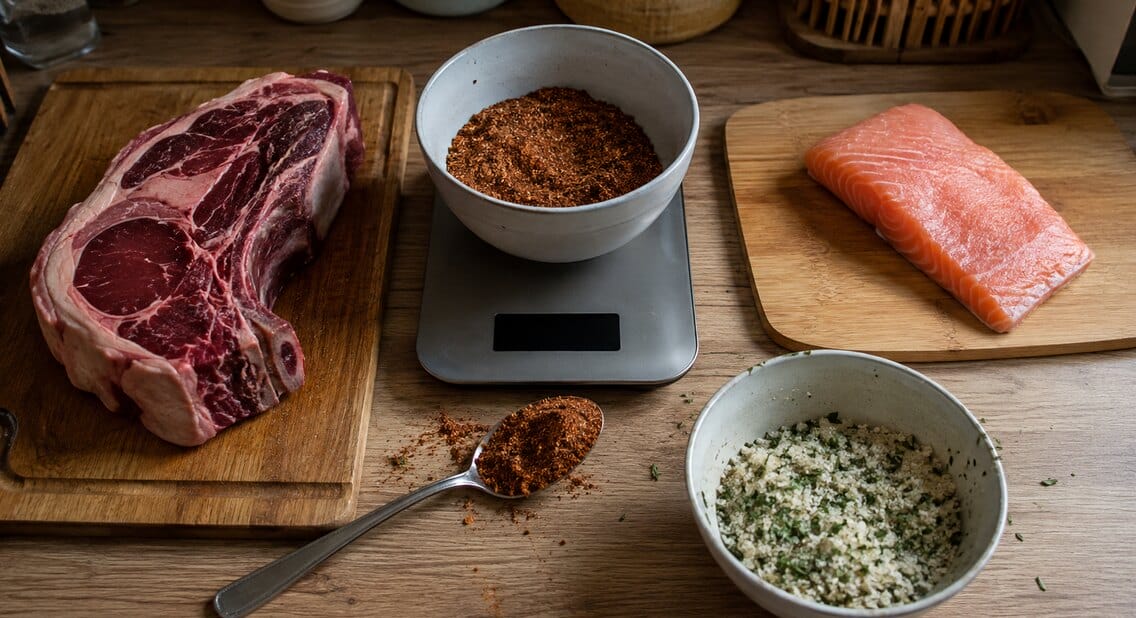 Balance avec une cuillère de rub, une côte de bœuf et un pavé de saumon préparés pour le dosage des épices et du salage