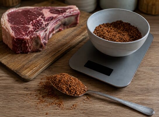 Cuillère de mélange d’épices pesée pour calculer la dose de rub destinée à une pièce de viande