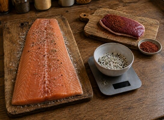 Mélange de salage pesé sur une balance pour préparer un saumon ou une viande séchée sous vide
