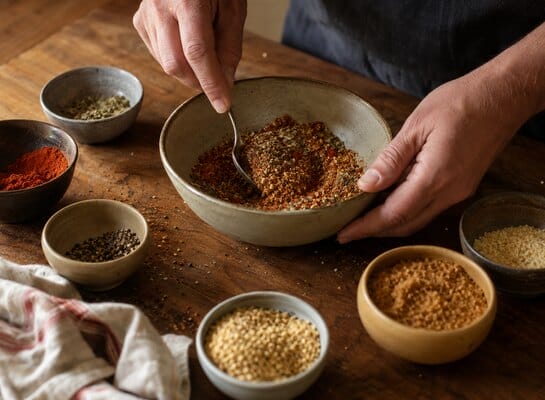 Préparation manuelle d’un mélange d’épices dans une cuisine familiale
