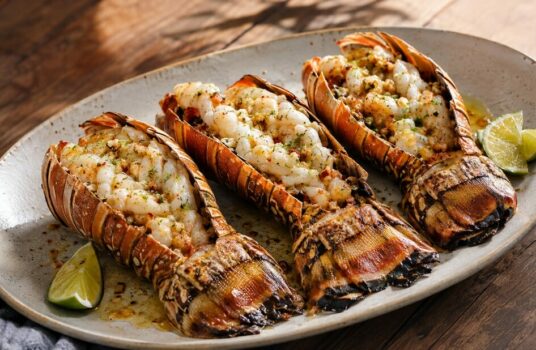 Trois queues de langouste au Tokyo Fire servies avec du beurre à l’ail et des quartiers de citron vert