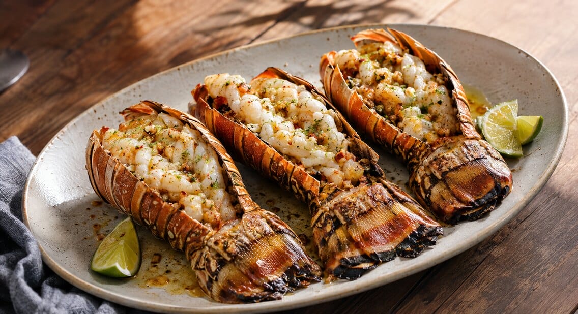 Trois queues de langouste au Tokyo Fire servies avec du beurre à l’ail et des quartiers de citron vert