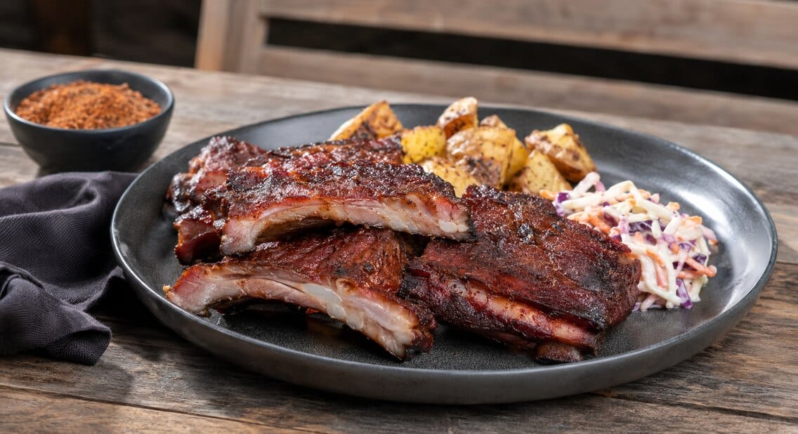 Ribs au rub Sweet Smoke Tennessee servis avec des pommes de terre rôties et une salade de chou