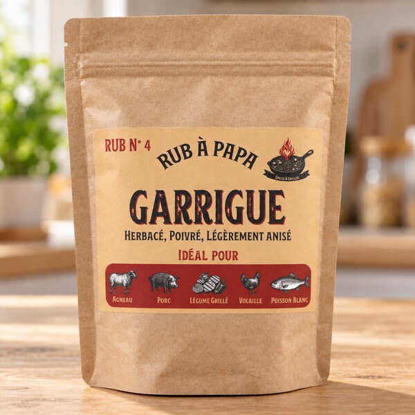 Sachet kraft du mélange d’épices Rub N°4 Garrigue, présenté de face dans une cuisine claire