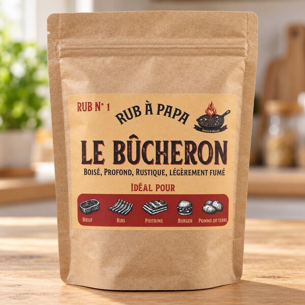 Sachet kraft du mélange d’épices Rub N°1 Le Bûcheron, présenté de face dans une cuisine claire