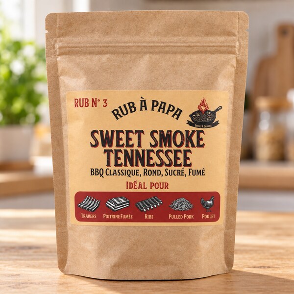 Sachet kraft du mélange d’épices Rub N°3 Sweet Smoke Tennessee, présenté de face dans une cuisine claire