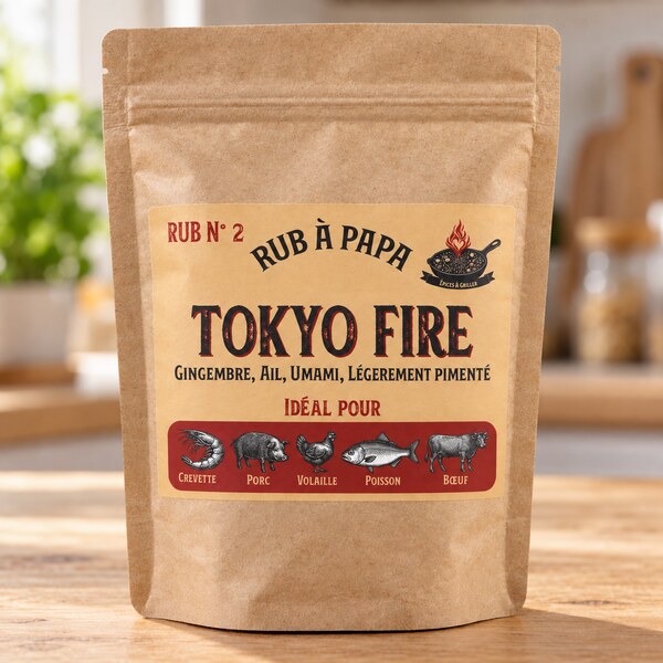 Sachet kraft du mélange d’épices Rub N°2 Tokyo Fire, présenté de face dans une cuisine claire