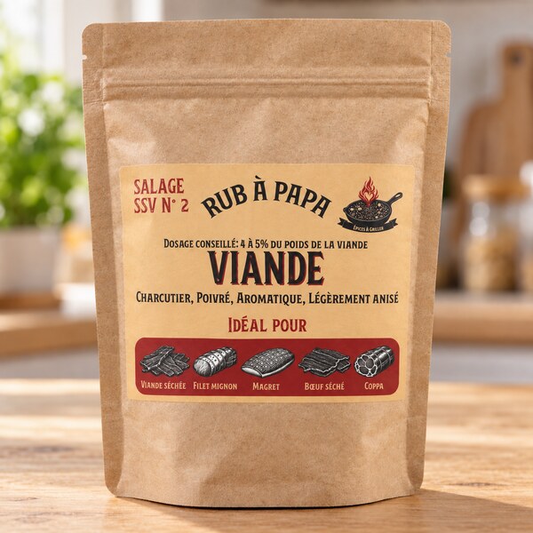 Sachet kraft du Salage SSV N°2 Viande pour préparer viandes séchées, filet mignon, magret et coppa