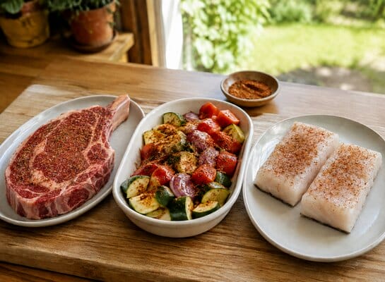 Utilisations d’un rub sur différents aliments Mélange d’épices appliqué sur une côte de viande, des légumes et des pavés de poisson