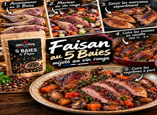 Infographie de la recette du faisan mijoté au vin rouge et au 5 Baies de Papa