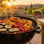 Courgettes, poivrons et maïs sur un barbecue rond dans un jardin au coucher du soleil.