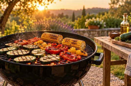 Courgettes, poivrons et maïs sur un barbecue rond dans un jardin au coucher du soleil.