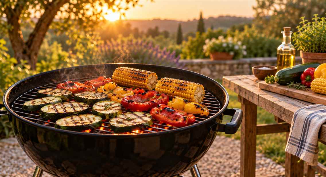 Courgettes, poivrons et maïs sur un barbecue rond dans un jardin au coucher du soleil.