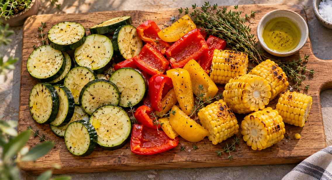 Rondelles de courgette, poivrons et morceaux de maïs sur une planche avec du thym et un bol d’huile.