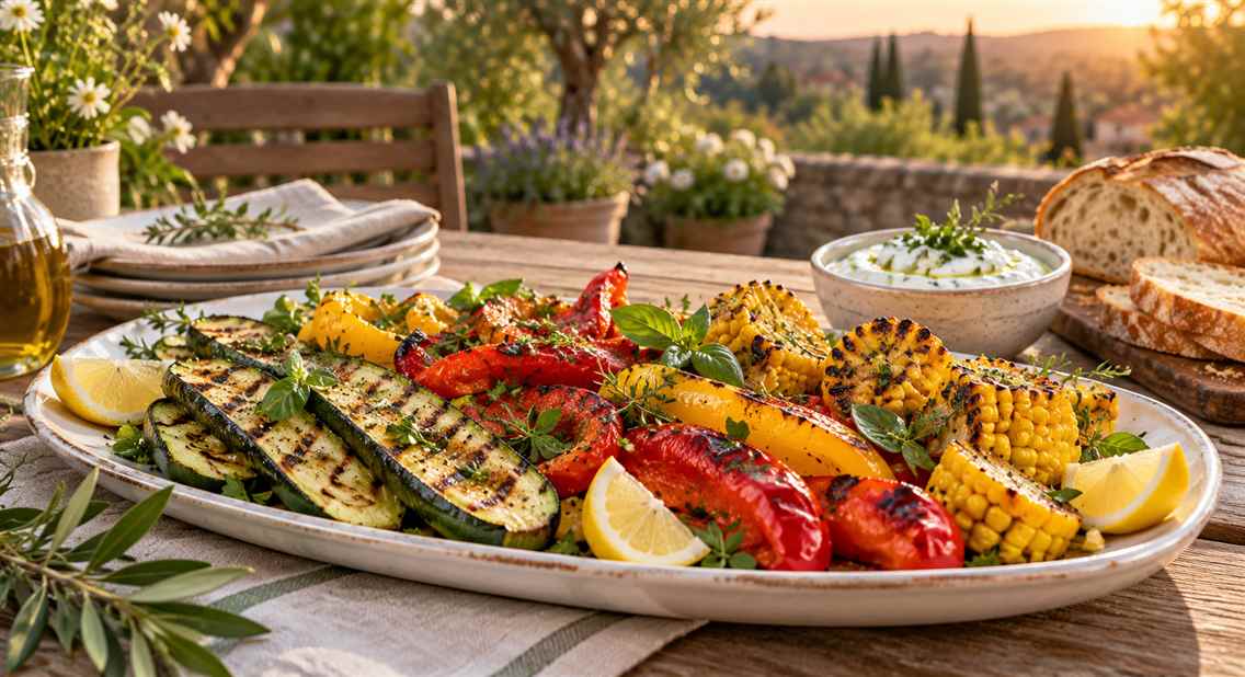 Plat de courgettes, poivrons et maïs grillés avec du citron, du pain et une sauce aux herbes.